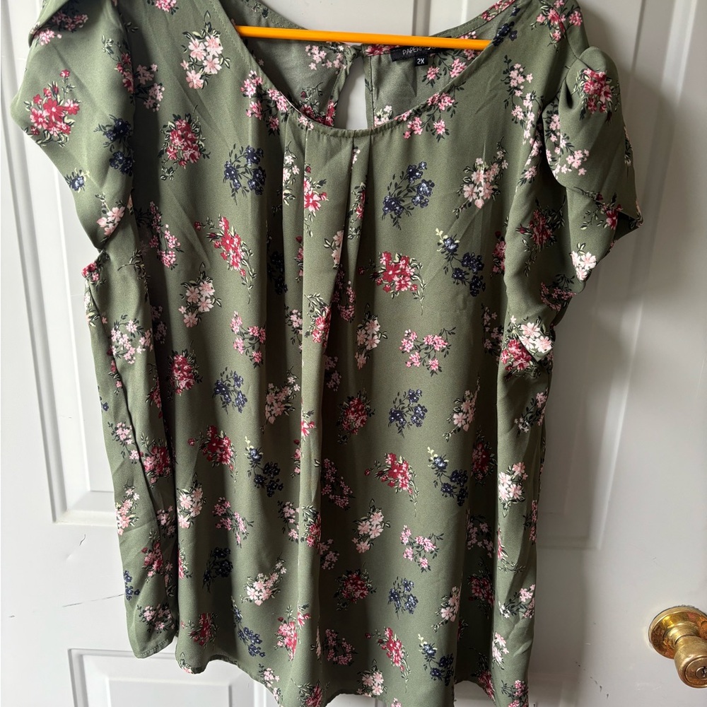 Papermoon Olive Green Floral Ruffle Short Sleeve Blouse